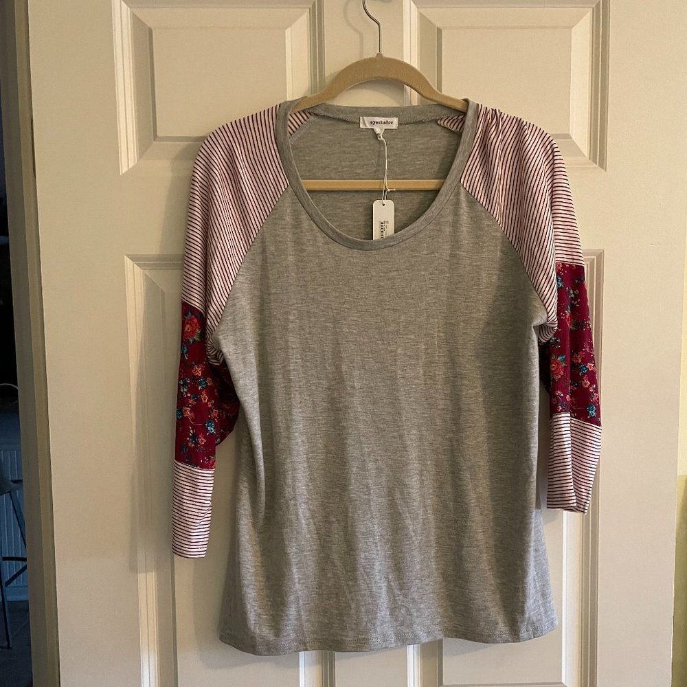 BNWT gray and red striped and floral raglan Henley top